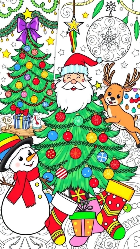 A selection of Christmas coloring pages including a tree, Santa, reindeer, snowman, and stockings.